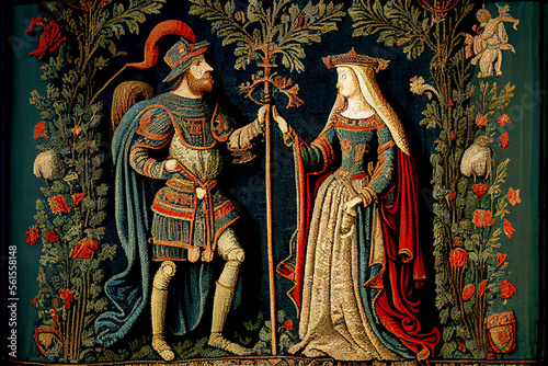 Medieval style tapestry with court motives in the ancient style, generative AI