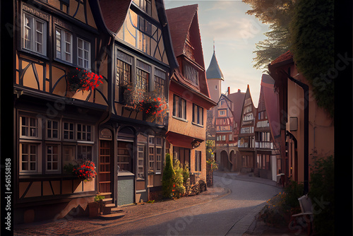 Picturesque quaint European town with charming medieval houses, generative AI © FrankBoston