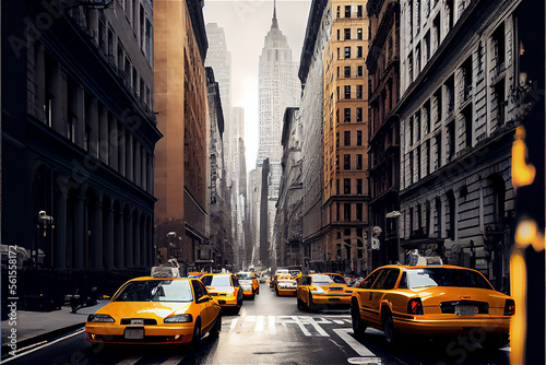 Canvas Print Traffic with typical yellow cabs in a monochrome New York, generative AI