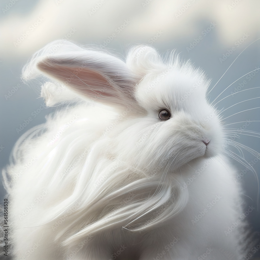 white easter rabbit with long fur blowing in the wind, luxurious, hair, generative ai white easter rabbit with long fur blowing in the wind, luxurious, hair, generative ai