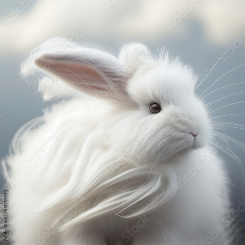 white easter rabbit with long fur blowing in the wind, luxurious, hair, generative ai © Ricky