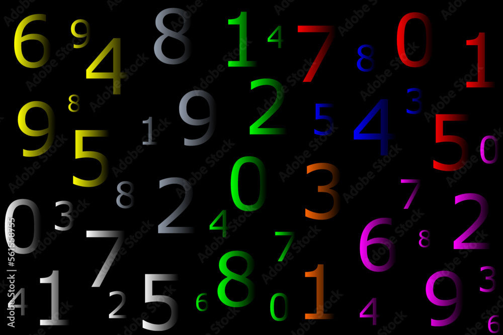 Arabic numerals from 0 to 9 scattered randomly on a black background