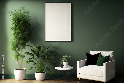 Home interior mock up with green wall, plant in living room, premium room. Generative AI © AkuAku