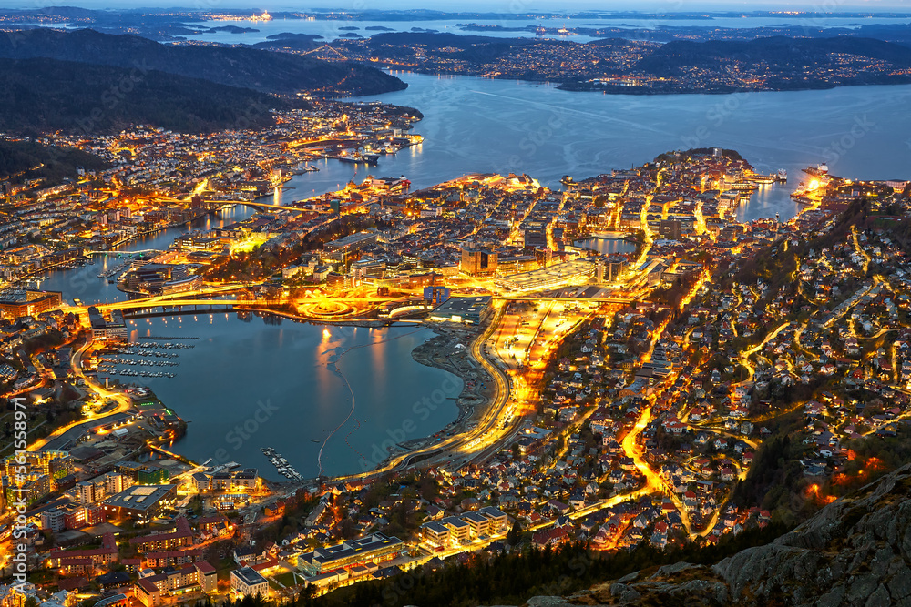 Aerial view of Bergen central district at twilight, Norway