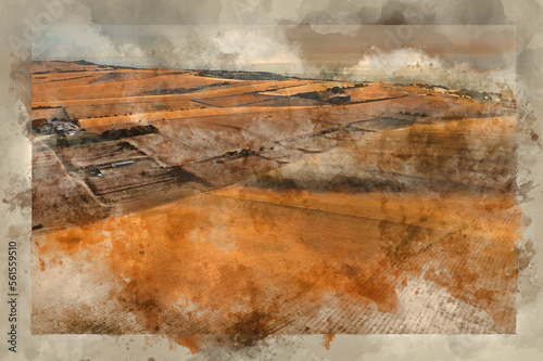 Fototapeta Naklejka Na Ścianę i Meble -  Digitally created watercolour painting of Epic drone landscape image of golden hour over farmers fields in South Downs National Park in England during Summer dawn