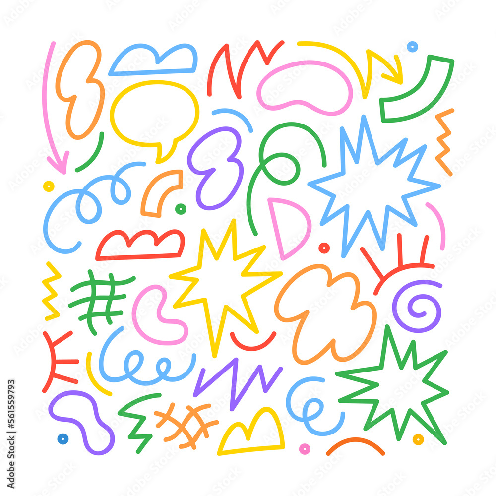 Fun colorful abstract line doodle shape set. Creative minimalist style art symbol collection for children or party celebration with modern shapes. Simple upbeat childish drawing scribble decoration. Fun colorful abstract line doodle shape set. Creative minimalist style art symbol collection for children or party celebration with modern shapes. Simple upbeat childish drawing scribble decoration.