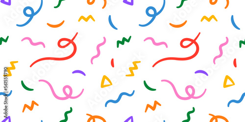 Fun colorful line doodle seamless pattern. Creative minimalist style art background for children or trendy design with basic shapes. Simple childish scribble backdrop.