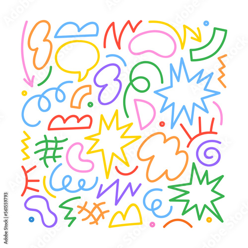 Fun colorful abstract line doodle shape set. Creative minimalist style art symbol collection for children or party celebration with modern shapes. Simple upbeat childish drawing scribble decoration.