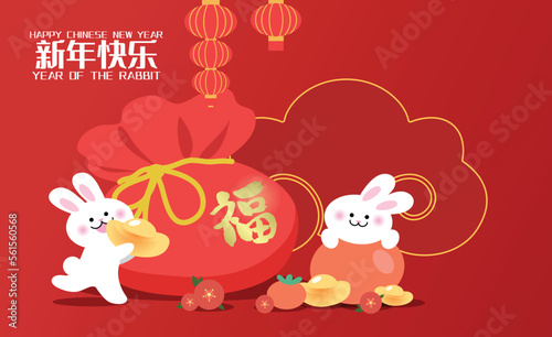 Fototapeta Naklejka Na Ścianę i Meble -  Cute zodiac rabbit on a tangerine and rabbit with luck money. Cute bunnies couple holding golden sycee ingots. Chinese new year of rabbit greeting card, or lunar new year 2023 banner illustration.