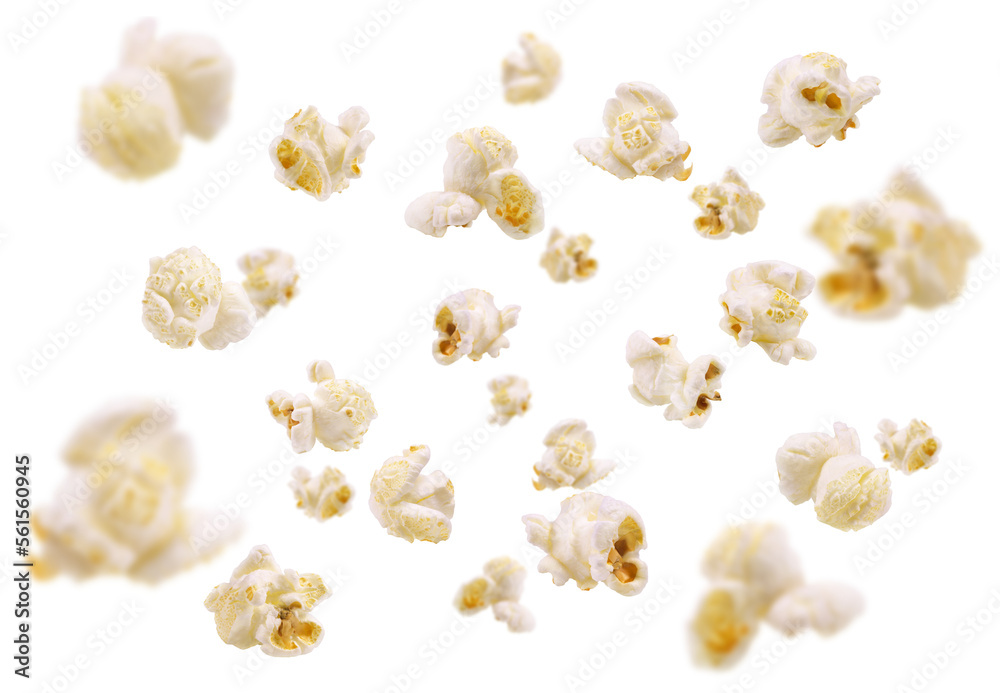 Flying popcorn isolated. Fresh popcorn flakes on a white background. - obrazy, fototapety, plakaty 