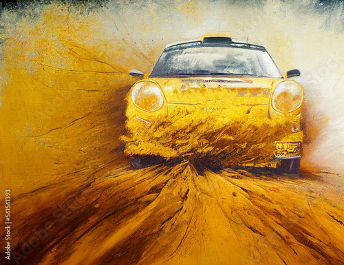Powerful sports rally car rides fast among clouds of dust..