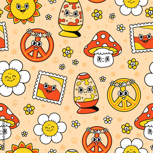 Funny hippie seamless pattern. Vector doodle line cartoon character illustration letters. 60s hippie style seamless pattern art