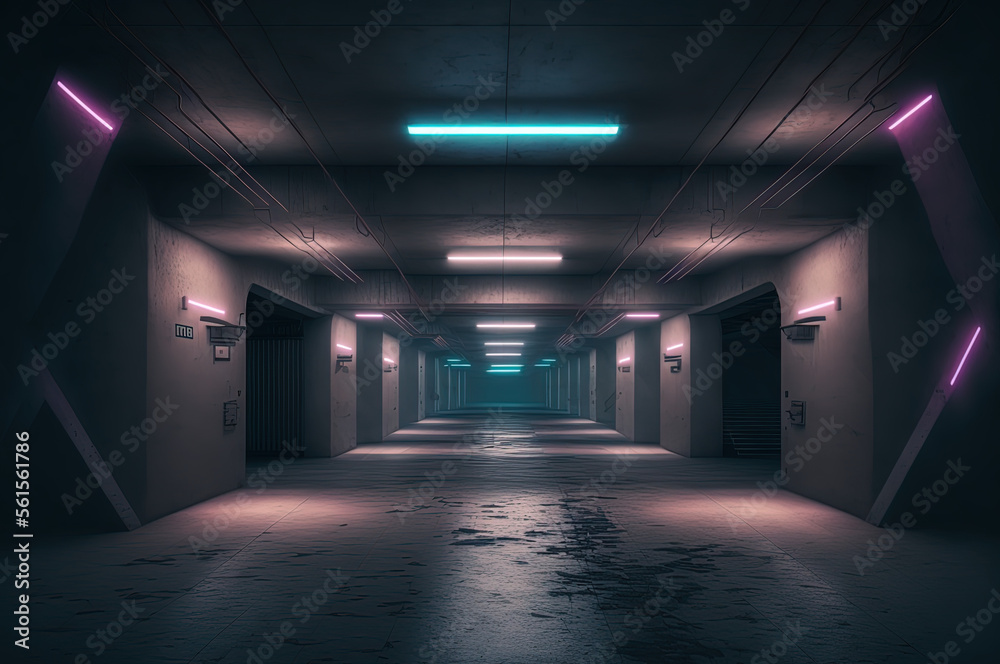 Neon Lights Underground Garage Room Cement Asphalt Corridor Tunnel Concrete Background. Generative AI.