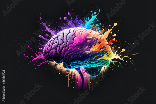 Generative AI illustration of human brain bursting with colored powder