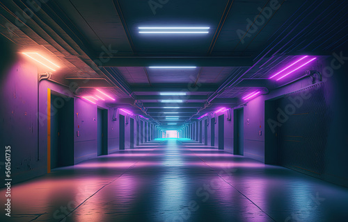 Neon Lights Underground Garage Room Cement Asphalt Corridor Tunnel Concrete Background. Generative AI.