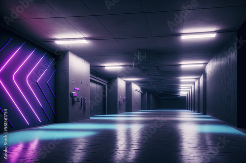 Neon Lights Underground Garage Room Cement Asphalt Corridor Tunnel Concrete Background. Generative AI.