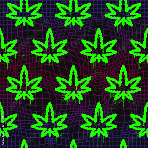 Weed leaf and warp grid seamless pattern. Vector wallpaper illustration. Vector illustration