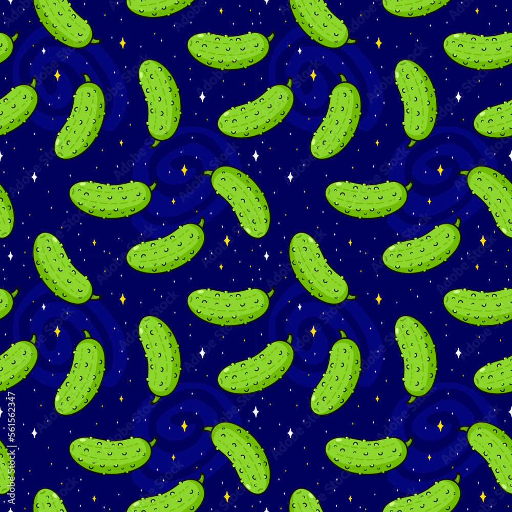Cute funny cucumber in space,cosmos seamless pattern.Vector hand drawn
