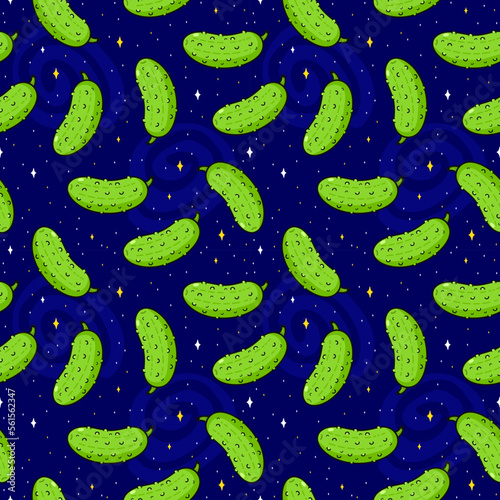 Cute funny cucumber in space,cosmos seamless pattern.Vector hand drawn doodle line cartoon kawaii illustration icon.Cucumber,pickle background seamless pattern concept