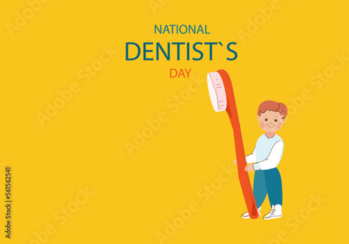 Little boy cleaning big tooth . National dentist day horizontal banner.Vector doodle cartoon illustration.