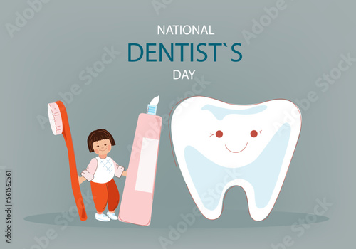 Little Girl cleaning big tooth . National dentist day horizontal banner.Vector doodle cartoon illustration.