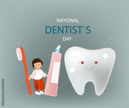 Little Girl cleaning big tooth . National dentist day horizontal banner.Vector doodle cartoon illustration.