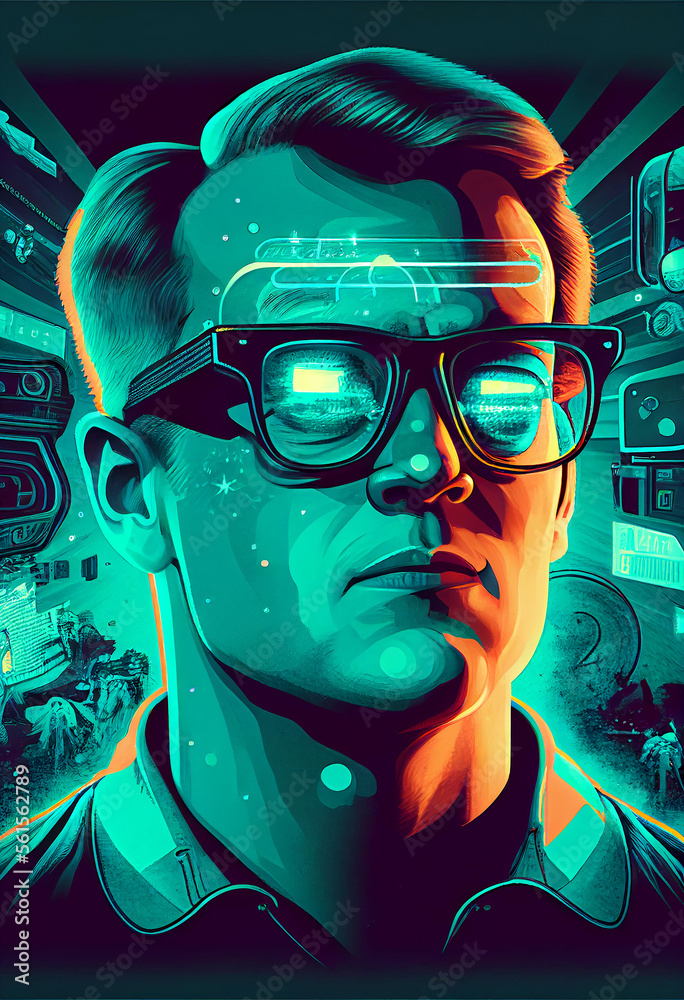 retro 50s man with glowing eyes, robot technology, glasses, generative ai