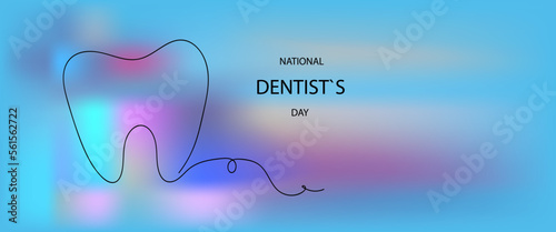  tooth continuous line art. National dentist day poster, flyer.Vector doodle cartoon illustration.
