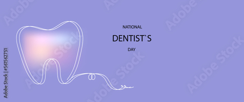  tooth continuous line art. National dentist day poster, flyer.Vector doodle cartoon illustration.