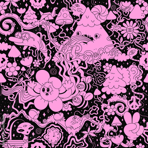 Psychedelic trippy seamless pattern art.Mushroom,magic wizard smoking,melt smile face.Vector cartoon hippie illustration doodle.Trippy 60s,70s,magic mushroom,acid seamless pattern art concept