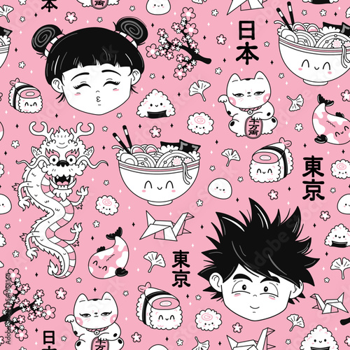 Translation from japanese: Japan,Tokio.Cute funny Anime Japan style seamless pattern. Vector hand drawn cartoon kawaii character illustration icon. Cute kawaii anime,manga seamless pattern concept