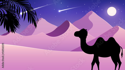 砂漠の風景とラクダのシルエットのイラスト_夜_流れ星_16:9