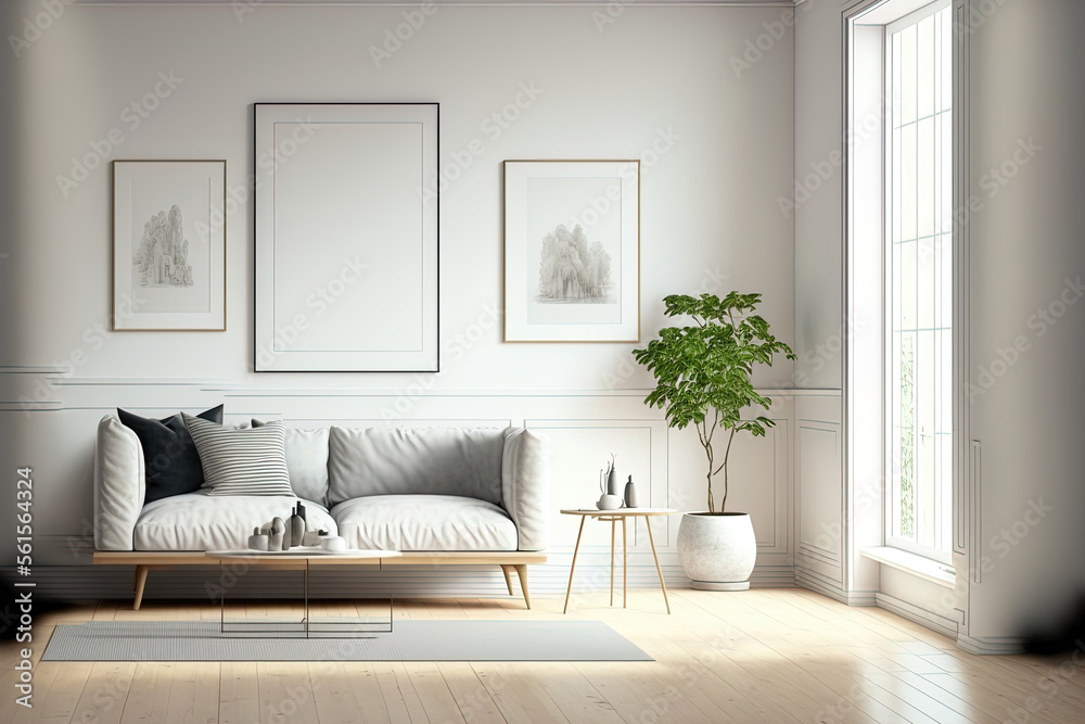 Corner view on bright living room interior with empty white poster, sofa, coffee table with crockery, books, oak wooden floor. Concept of minimalist design. Place for meeting. Mock up. Generative AI Corner view on bright living room interior with empty white poster, sofa, coffee table with crockery, books, oak wooden floor. Concept of minimalist design. Place for meeting. Mock up. Generative AI