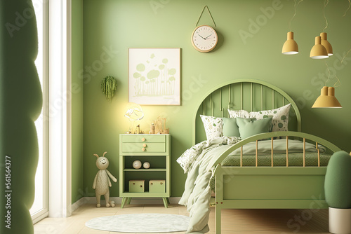Interior of a mockup child's bedroom in light green. Generative AI
