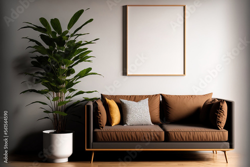 Mockup of a canvas frame with a brown sofa and a plant in a tidy, minimalistic space. Generative AI