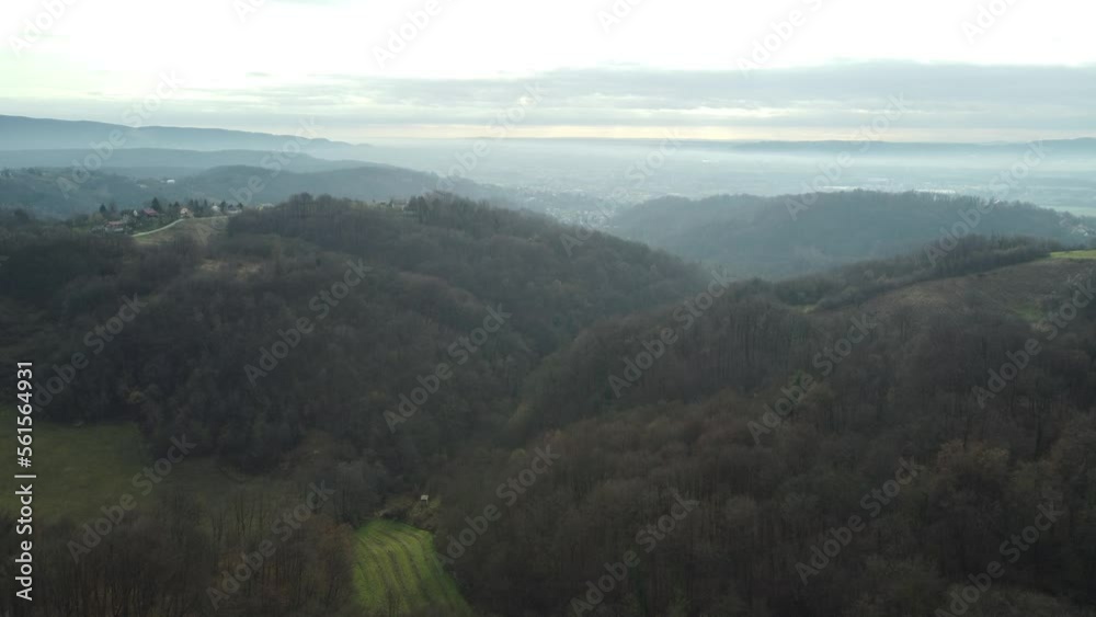hilly region, central europe, winter without snow, shot by drone at a height of 300 meters, morning hilly region, central europe, winter without snow, shot by drone at a height of 300 meters, morning