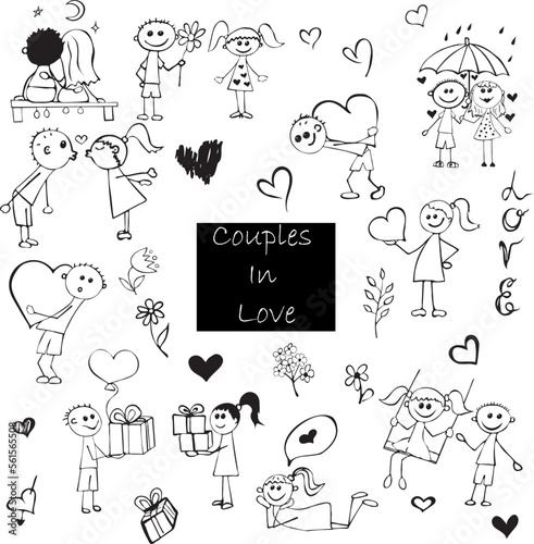 Love Couple Set in Black and White Colors. Vector Illustration.