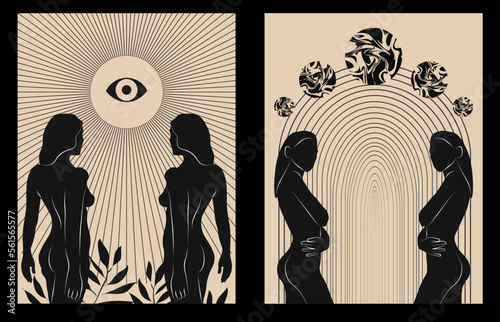 Boho mystical vector posters with sun, planets and women. Elements in trendy bohemian gypsy style. Vintage vibes.
