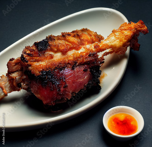 A large fried piece of pork on a background of fire. Close-up	