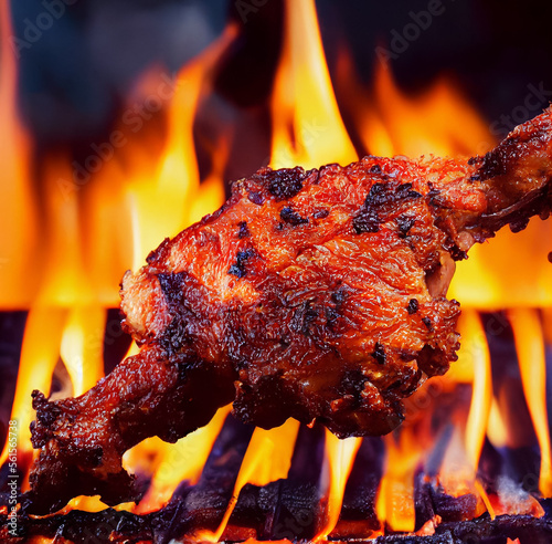 A large fried piece of pork on a background of fire. Close-up	