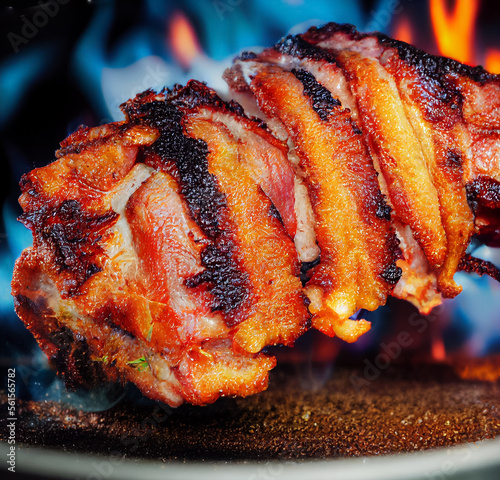 A large fried piece of pork on a background of fire. Close-up	