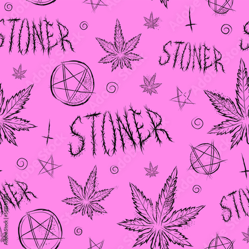 Marijuana weed leaf,stoner quote,pentagram seamless pattern. Vector hand drawn illustration. Cannabis,weed,stoner seamless pattern,wallpaper concept