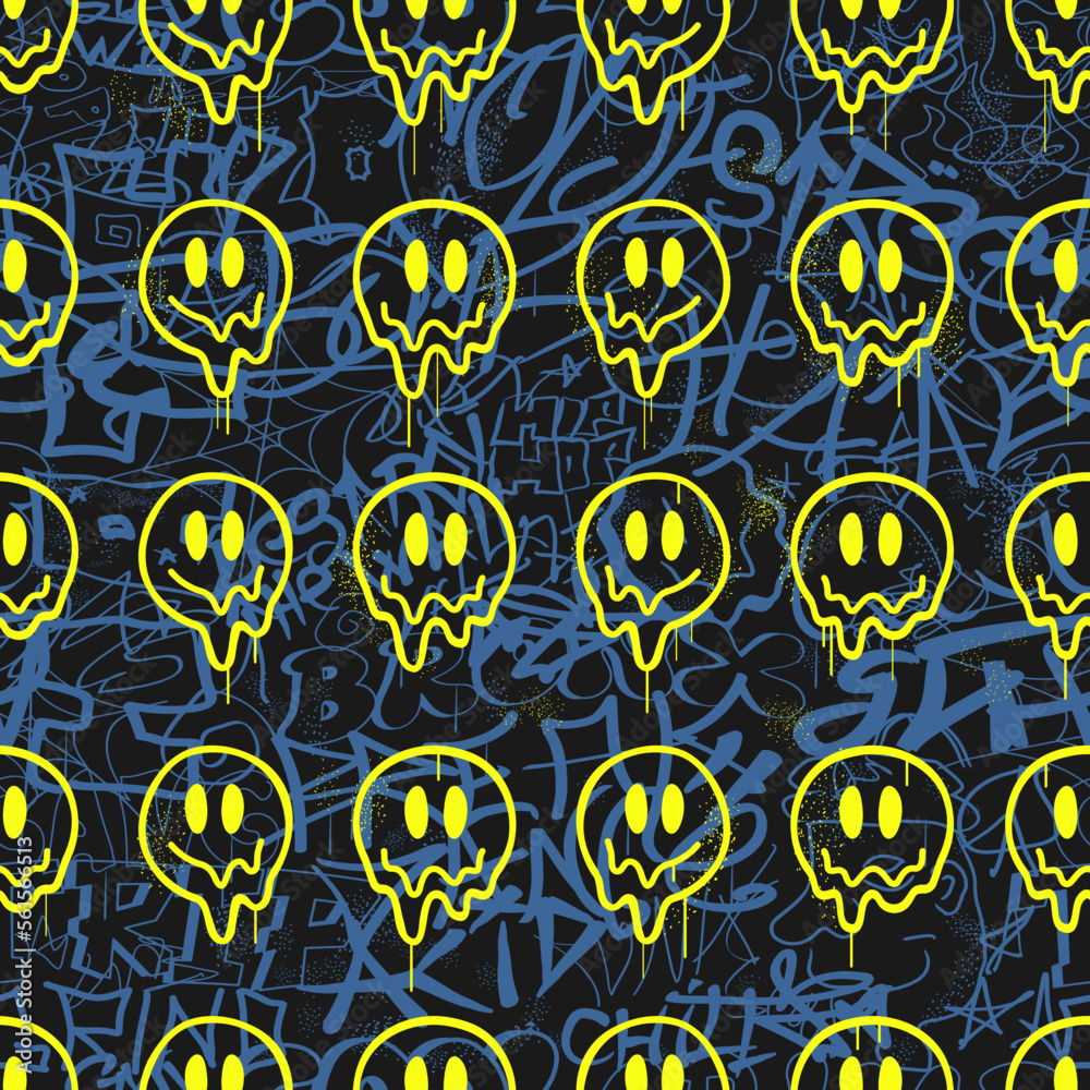 Graffiti and melt smile face seamless pattern wallpaper art.Vector graphic background illustration.Graffiti lettering,urban art seamless pattern wallpaper print concept Graffiti and melt smile face seamless pattern wallpaper art.Vector graphic background illustration.Graffiti lettering,urban art seamless pattern wallpaper print concept