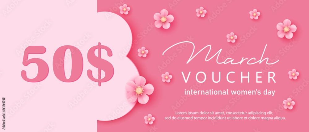 8 March voucher vector design. Pink paper cut sakura flowers.