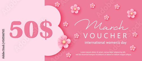 8 March voucher vector design. Pink paper cut sakura flowers.