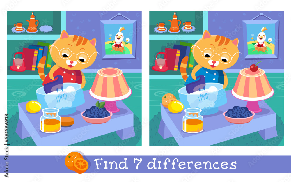 Fototapeta premium Find 7 hidden differences. Educational puzzle game for children. Cute kitten making Christmas cake. Cartoon cat character in room. Vector illustration.