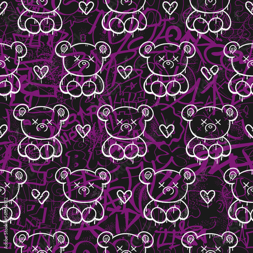 Graffiti and bear seamless pattern wallpaper art.Vector graphic background illustration.Graffiti lettering,dead bear toy,urban art seamless pattern wallpaper print concept