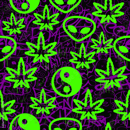 Graffiti,weed leaf,alien,Yin Yangseamless pattern wallpaper art.Vector graphic background illustration.Graffiti lettering,urban art seamless pattern wallpaper print concept
