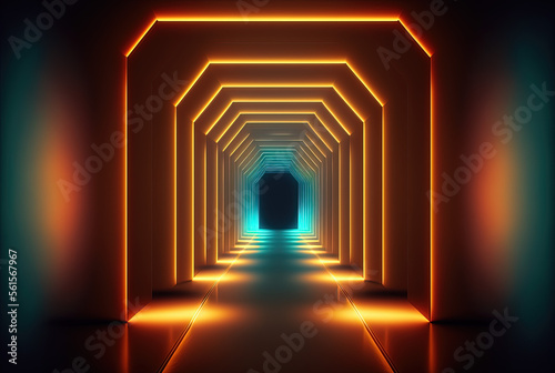 Abstract light tunnel, corridor with neon light. Hi-tech sci-fi passageway. Generative AI.  © ART IS AN EXPLOSION.