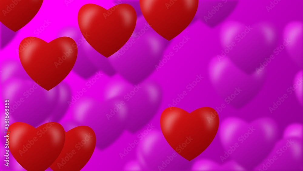 love background with blur pink heart and red heart shape